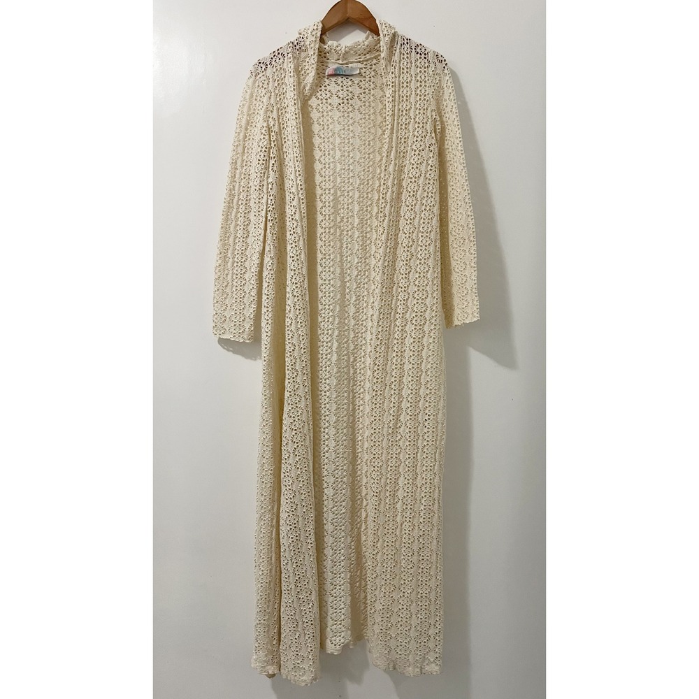 Free People Beach Ivory Crochet Lace Hooded Maxi Cardigan Open Knit Duster M